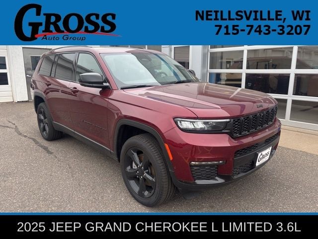 2025 Jeep Grand Cherokee L Limited in Velvet Red Pearlcoat — front three-quarter view