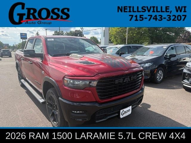 2026 RAM Ram 1500 Laramie in Molten Red Pearl-Coat Exterior Paint — front three-quarter view