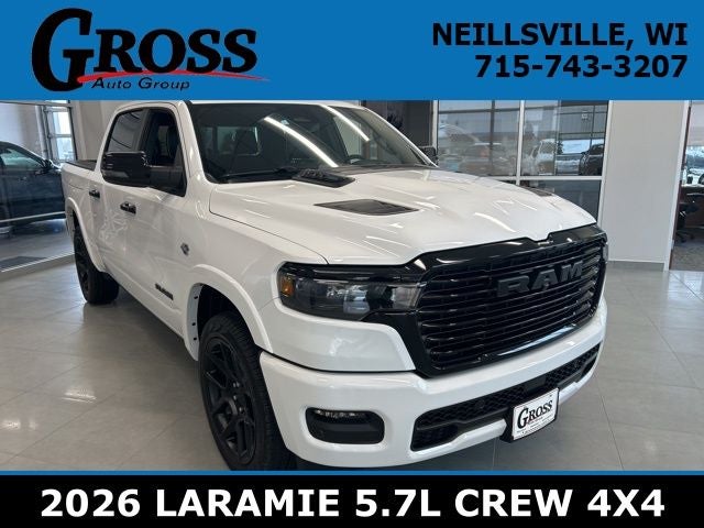 2026 RAM Ram 1500 Laramie in Bright White Clear-Coat Exterior Paint — front three-quarter view